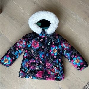 Floral Hooded Jacket with Faux Fur Trim